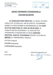 ANUNȚ TRATAMENTE FITOSANITARE LA RAPIȚĂ – SC AGROCOM EXIM PROD SRL
